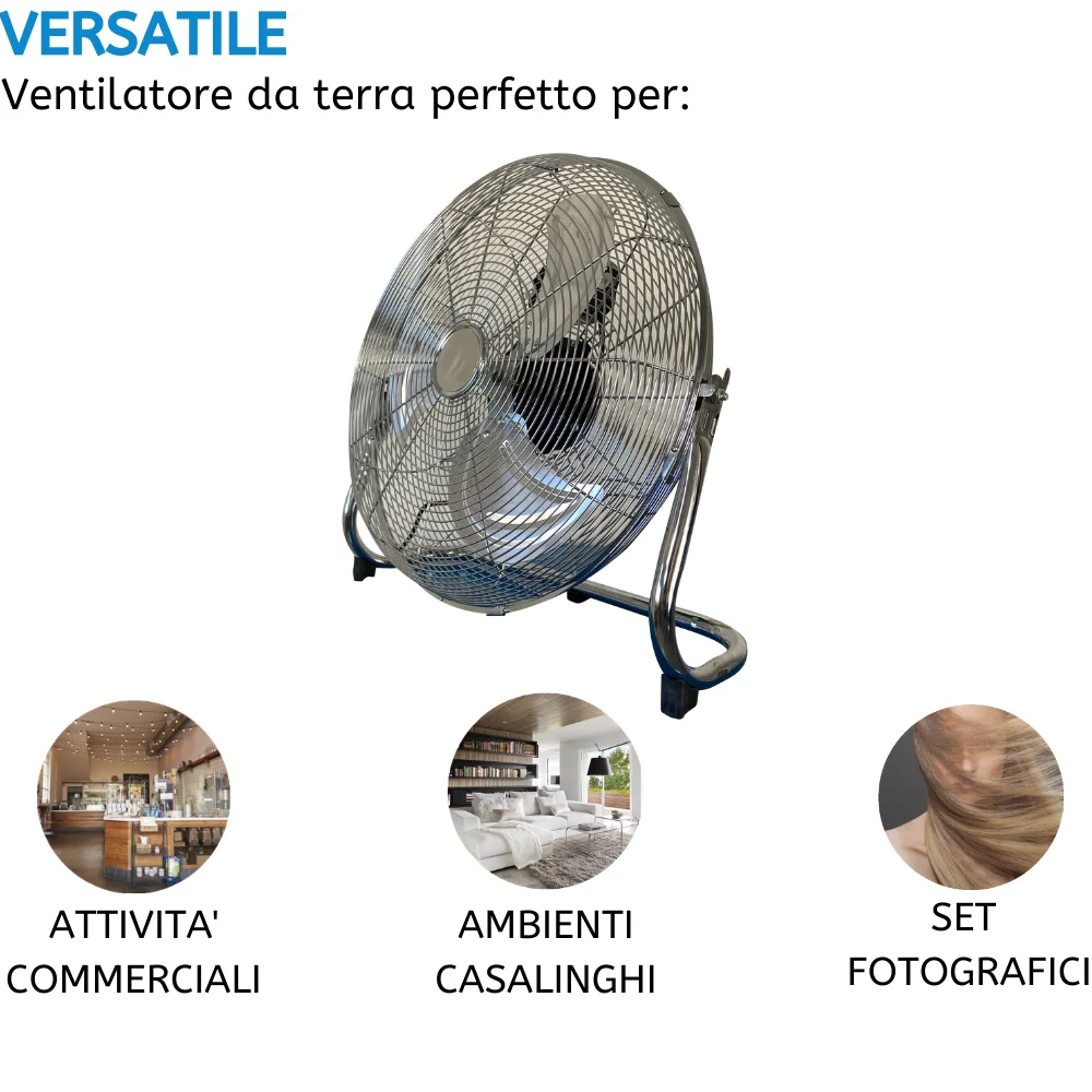 VENTILATORE A PAVIMENTO DA TERRA IN ACCIAIO CROMATO REGOLABILE 3 VELOCITA' 90W|Портативная вешалка| |