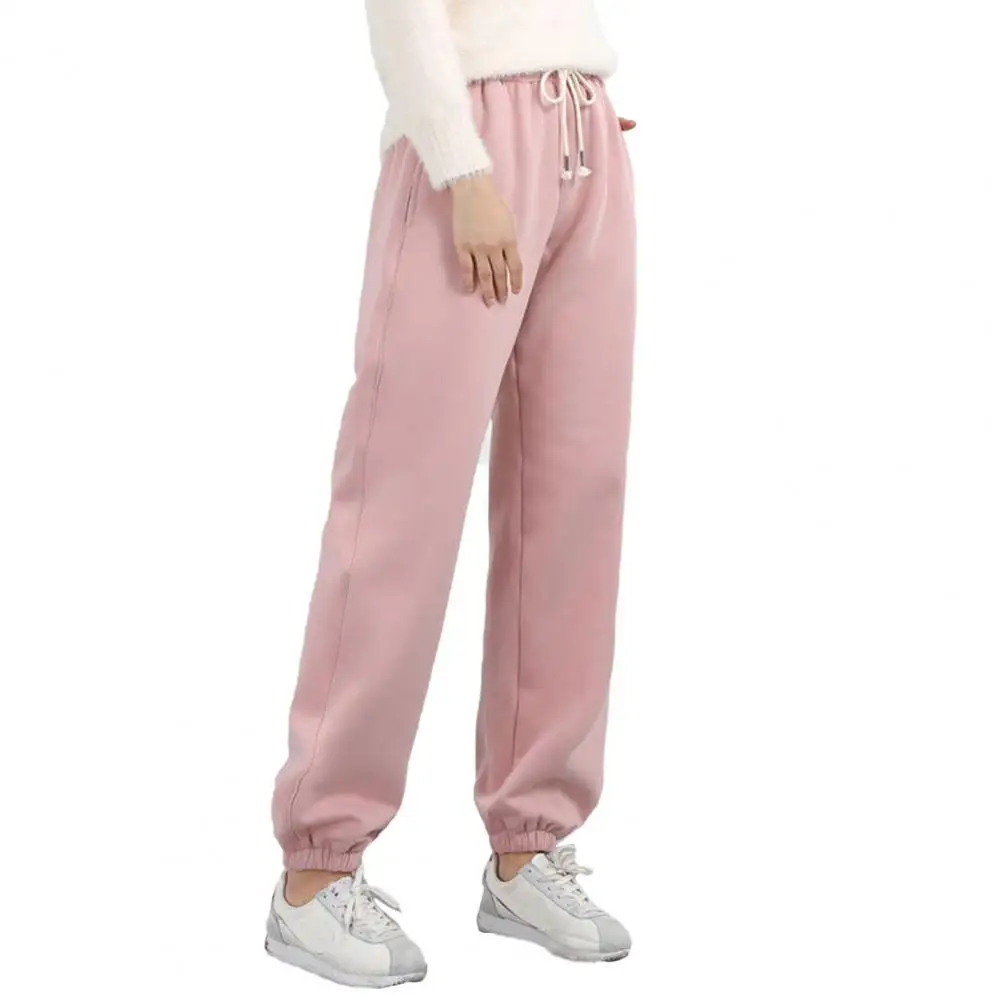 

Casual Women Pants Solid Color Drawstring Autumn Winter Trousers Lace-up Thicken Pockets Sweatpants for Daily Wear