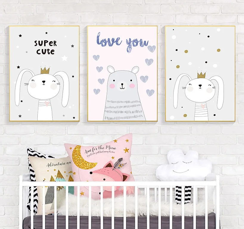 Kawaii настенная Картина на холсте искусственная картина мультяшный медведь Кролик