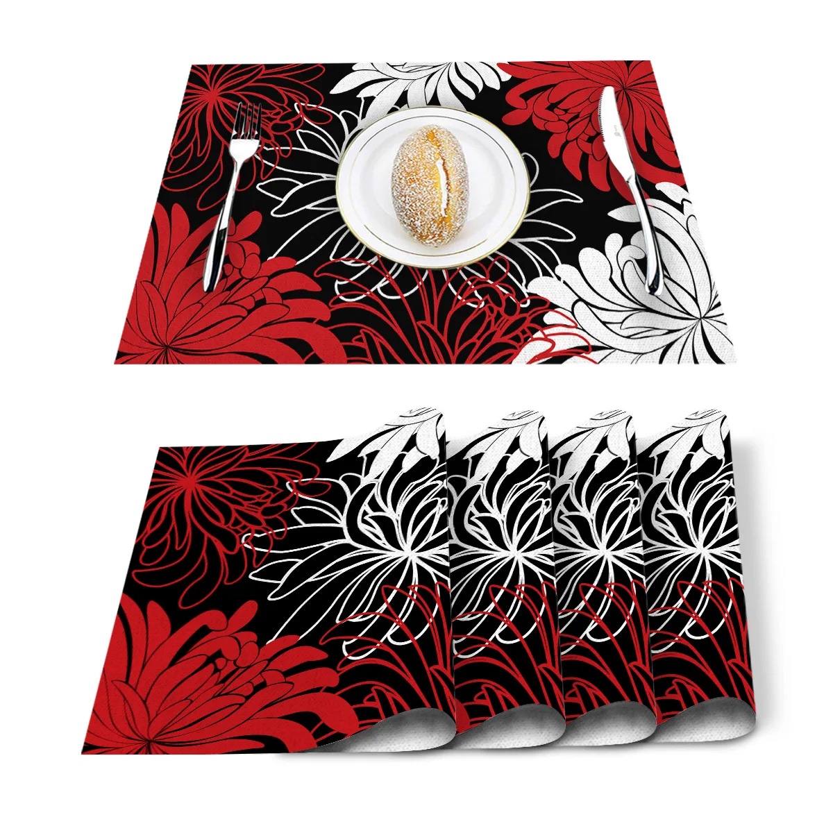 Набор ковриков для стола 4/6 шт. с рисунком красной и белой хризантемы кухонные