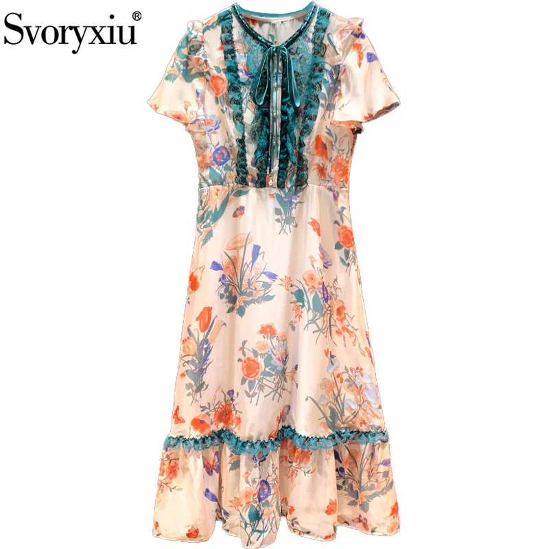 

Svoryxiu 2020 New Women's Summer Runway Dress Fashion Bow Collar Short Sleeve Flower Print Lace Elegant Mid-Calf Dresses
