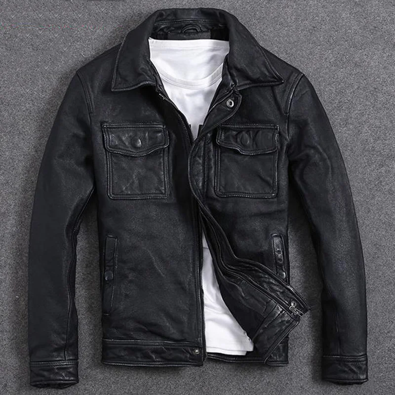 

Slim Fit Motorcycle Cowhide Jackets For Men Vintage Mens Cow Leather Coats Old Fashion US Streetwear Spring Mens Clothing A972