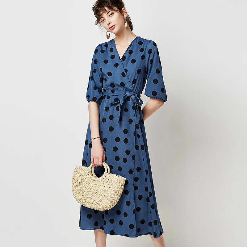 2020 Элегантное длинное женское платье в горошек Осеннее Повседневное с