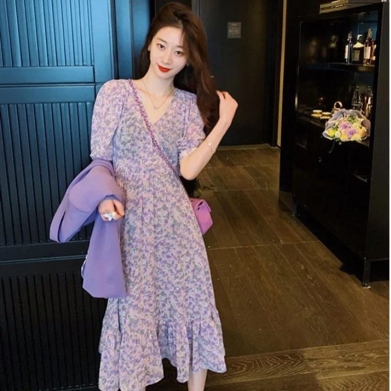 

2021 new summer party personality sexy self-cultivation floral v-neck puff sleeves