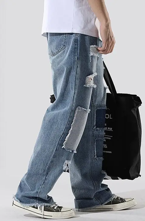 Men Streetwear Denim Pant Men Beggar Baggy Jeans Men's jeans hole Hip hop patch jeans Ripped Knee Jeans
