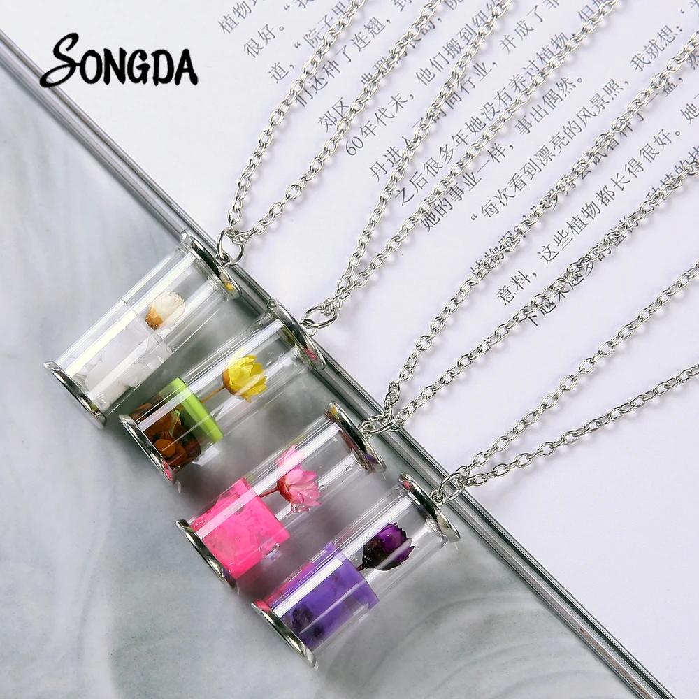 

Glass Bottle Dried Pendant Necklace for Women Girl Eternal Dry Flower Transparent Resin Necklace Chains Summer Jewelry Gifts