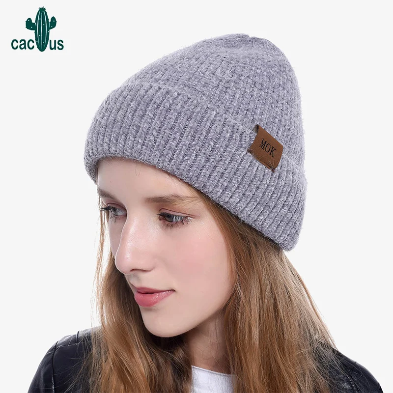 Зимняя шапка для женщин одноцветная шерстяная вязаная из искусственной норки