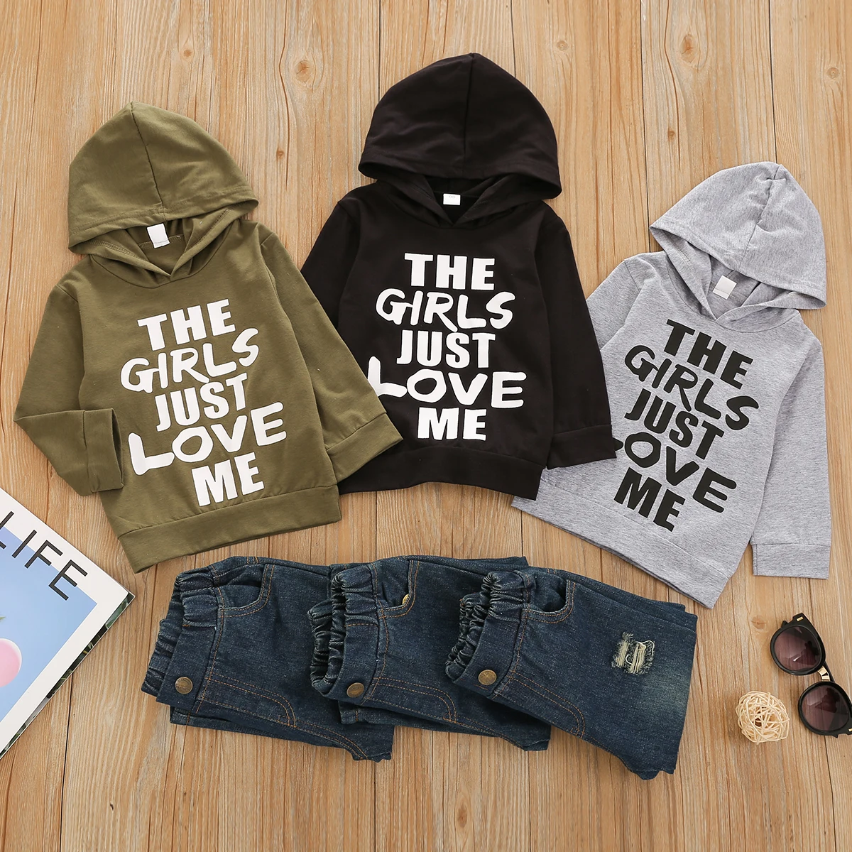 

Emmababy Toddler Baby Boy Clothes Autumn Newest Fashion Letter Patterns Long Sleeve Hooded Tops Blue Jeans 2Pcs Baby Boy Clothes