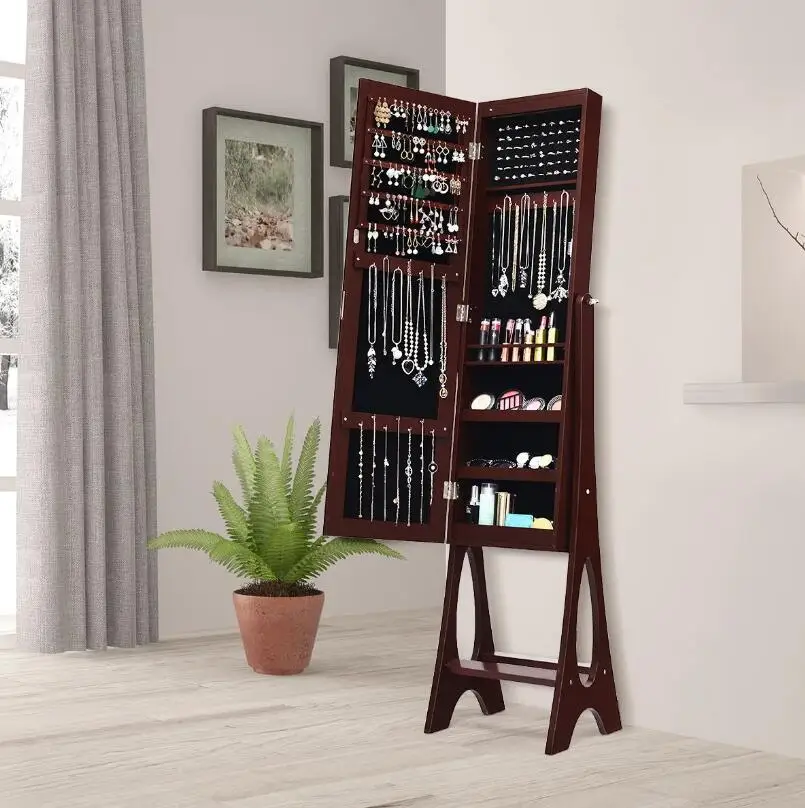 Jewelry Cabinet with 12 LED Floor Standing Interior Velvet Lining Adjustable Angle 36 × 33.4 x 154 CM Brown |
