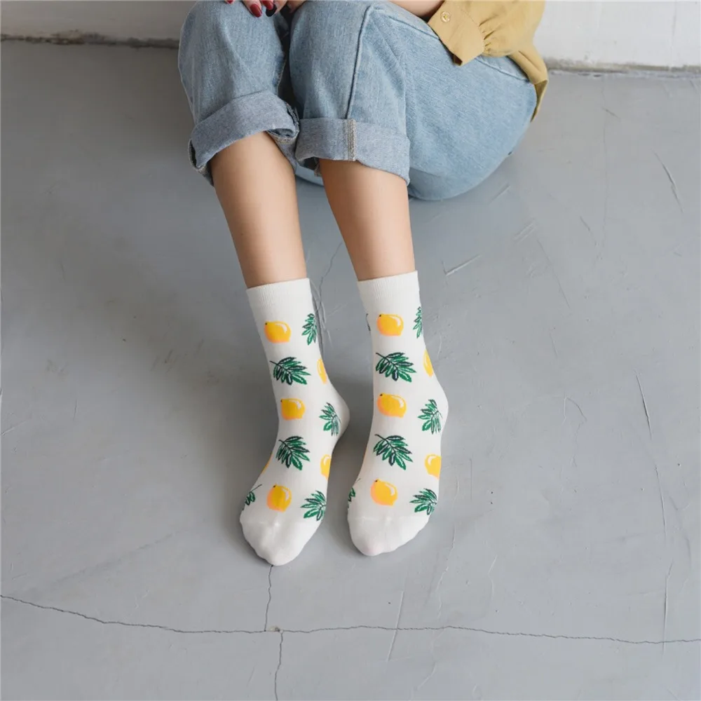 Korean Fresh Fruits Socks Lemon Avocado Pineapple Cherry Blueberry Orange Gardenias Banana Flamingos Plumerias