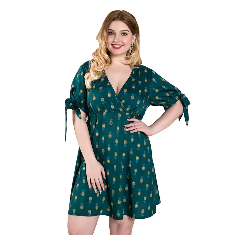 

Large Size Summer Dress for Women House of Sunny Dress Mini Sexy Green Dress Print Pineapple V Neck Bow Dresses for Full Ladies