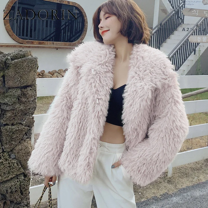 ZADORIN Korean Fashion Winter Lapel Pink Teddy Jacket Faux Fur Coat Women Short Thick Warm White Fleece Jacket Ladies Coats