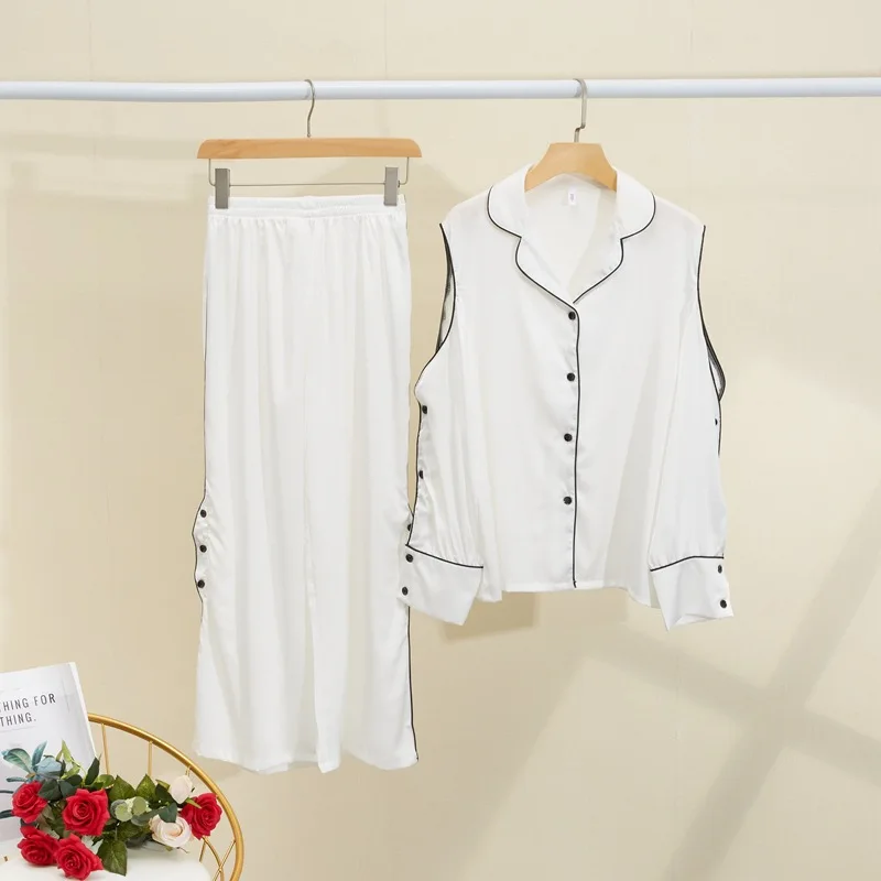 

Women 2PCS Spring Autumn Pajamas Suit White Loose Home Wear Casual Faux Silk Shirt&Pant Sleepwear Sexy Off Shoulder Nightwear