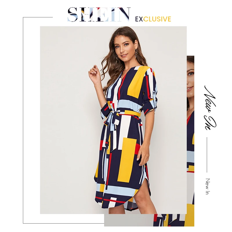 SHEIN модное Повседневное платье с v-образным вырезом и цветными блоками, с поясом, для женщин, осень, закатывающиеся рукава, пуговицы сбоку, прямые платья миди