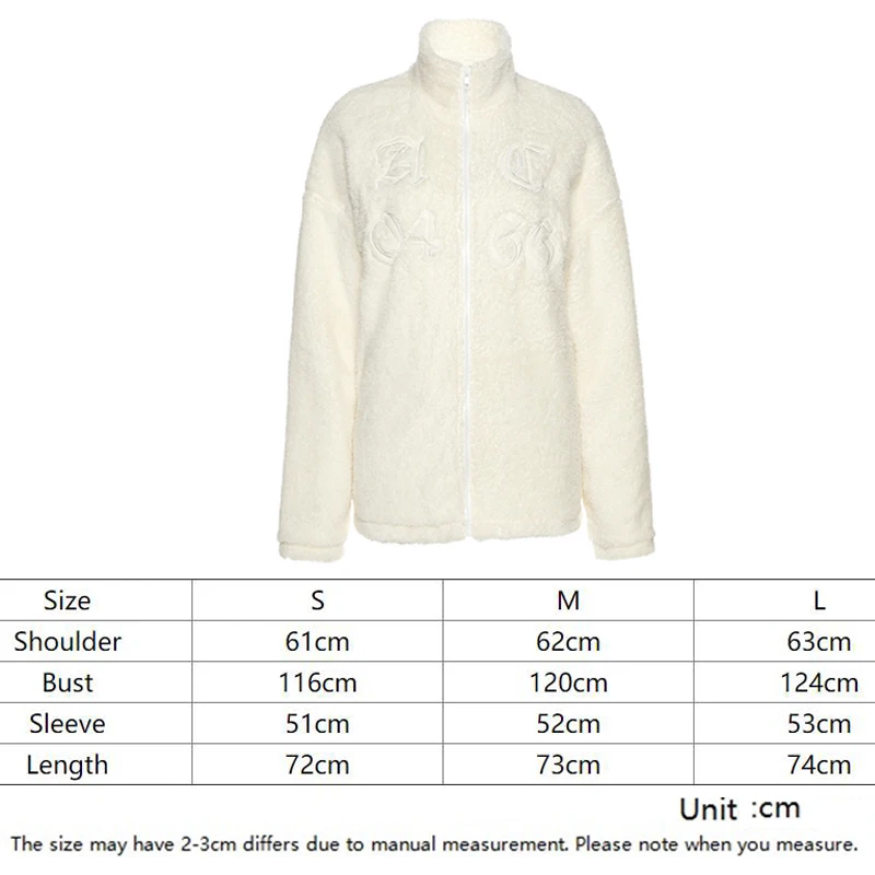 

Embroidered Plush Zip Up Hoodie Women Long Sleeve Stand Collar Furry Faux Fur Kawaii White Cropped Loose Outfit Sweat A Capuche