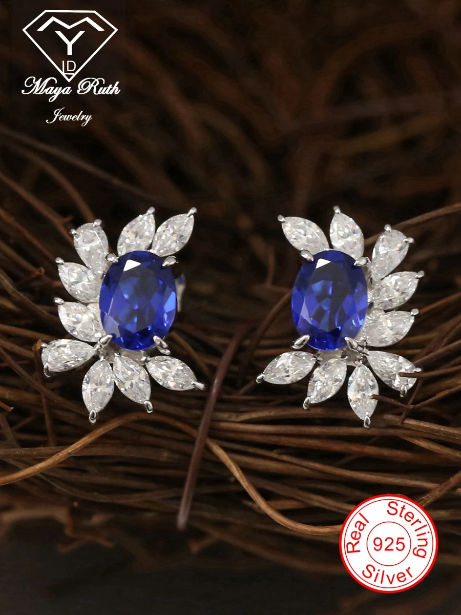 Created Sapphire Miraculous Stud Earrings Real 925 Sterling Silver Party For Women Female Vintage Gift Flower Shape 2022 Trend