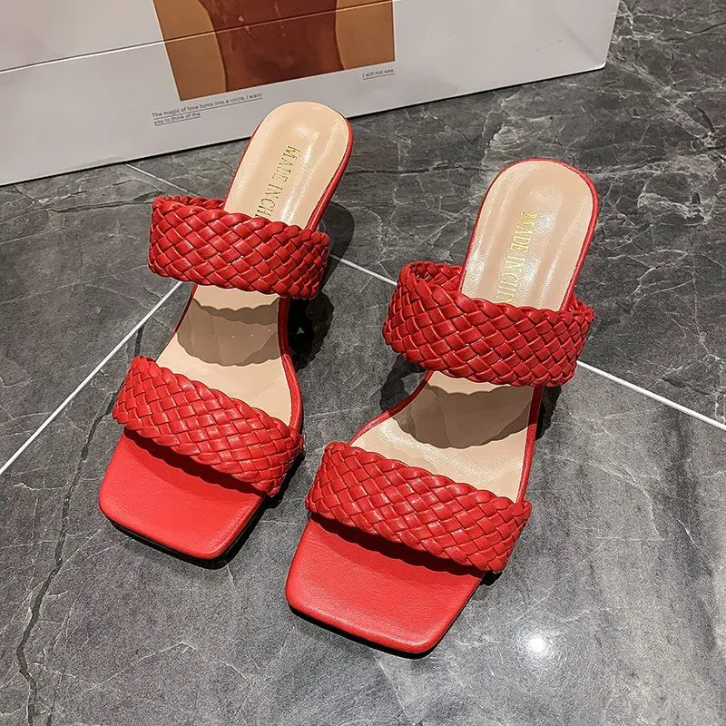 

Shoes Woman 2021 Shallow Low Slippers Summer Square Toe Big Size Transparent Heel Heeled Mules Luxury Slides Pantofle High Desig