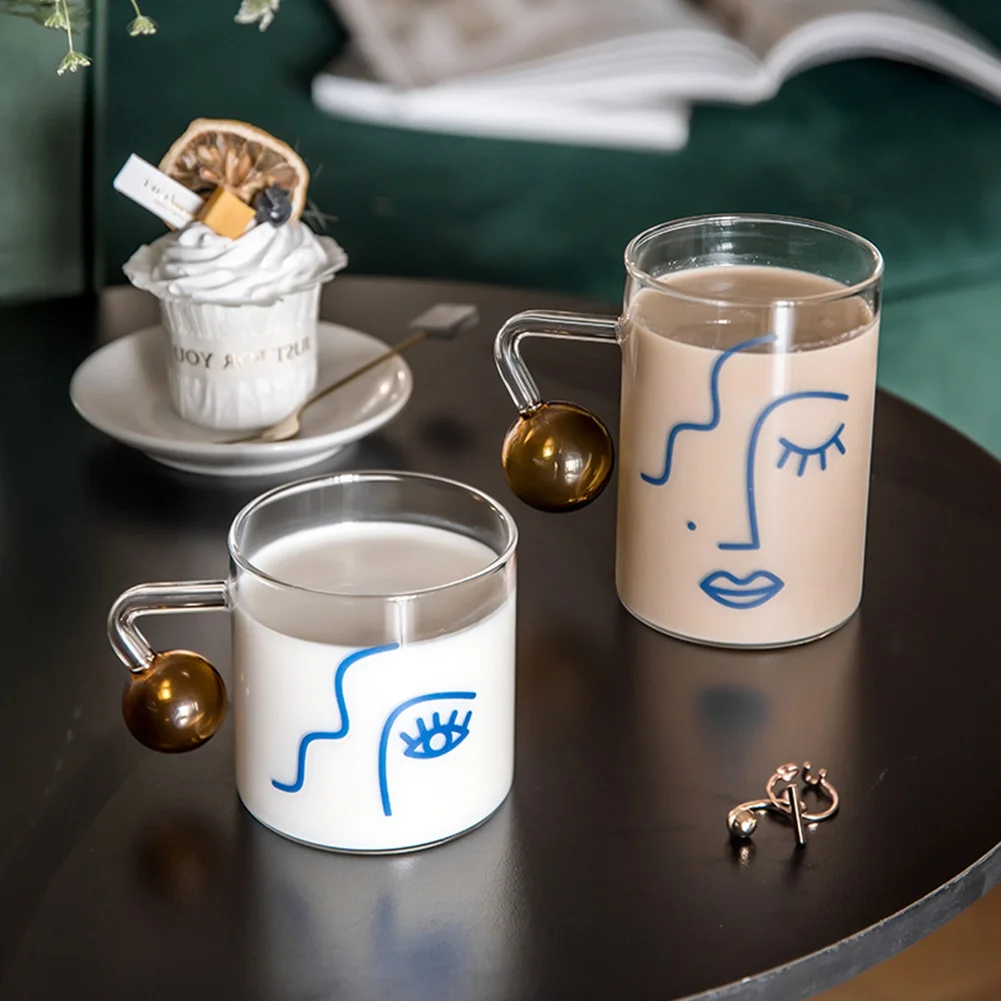 

Creative Glass Mug Ball Handle Breakfast Mlik Coffe Cup Household Couple Water Cup Face Eye Print Pattern Drinkware Hot Sale