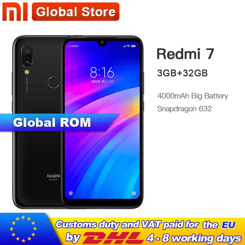 Xiaomi Redmi 7 с глобальной ПЗУ 32 ГБ 3 Восьмиядерный мобильный телефон Qualcomm Snapdragon 632 4000
