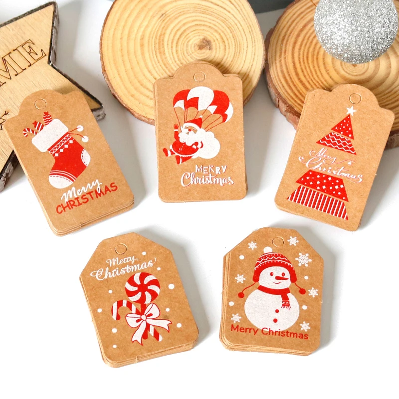

50pcs Kraft Paper Tags Merry Christmas Labels DIY Gift Wrapping Paper Hang Tags Santa Claus Paper Cards Xmas Party Supplies