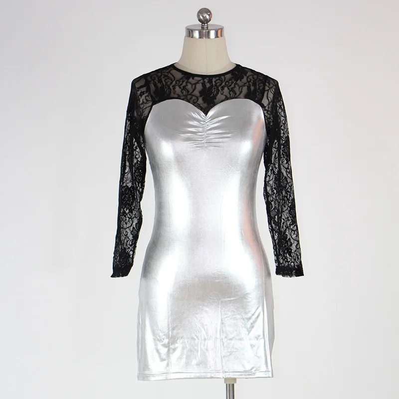 

Sexy Long Sleeve Lace Vinyl Shiny Patchwork Clubwear Dress Summer Mini Party Dresses Women Club Dress