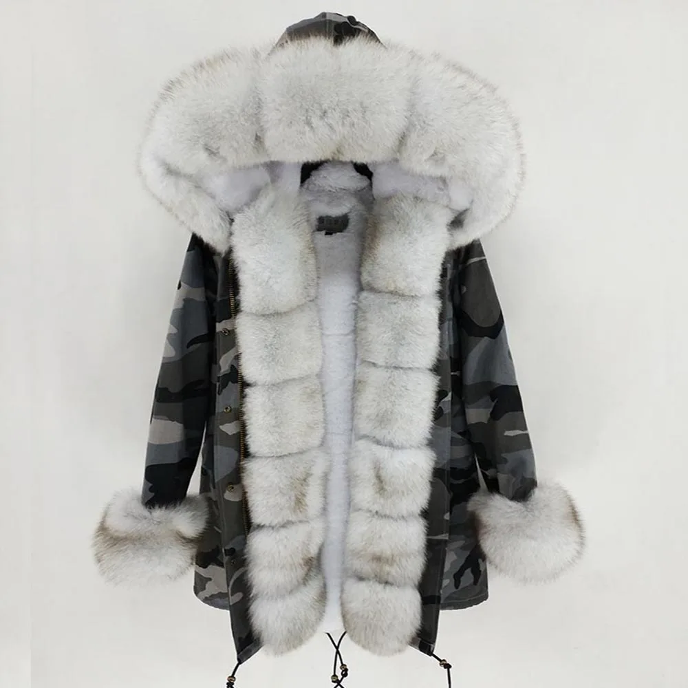 Женская длинная куртка с капюшоном камуфляжная Толстая парка воротником из