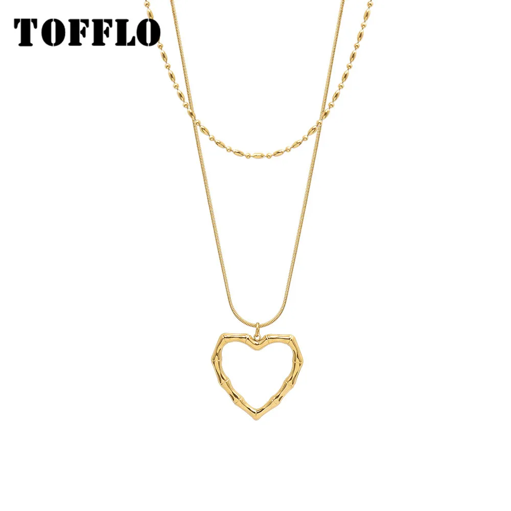 

TOFFLO Stainless Steel Jewelry Snake Bone Chain Peach Heart Pendant Necklace Women's Double Layered Gold Bead Necklace BSP1130