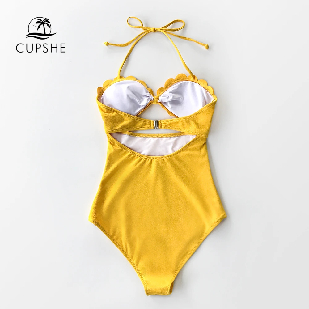 CUPSHE цельный желтый слитный купальник с волнистым вырезом на шее женский