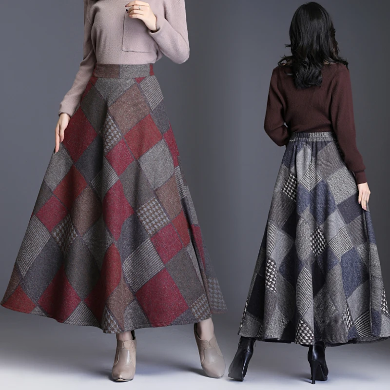 Макси юбка женская элегантная Лоскутная клетчатая эластичная талия длинная
