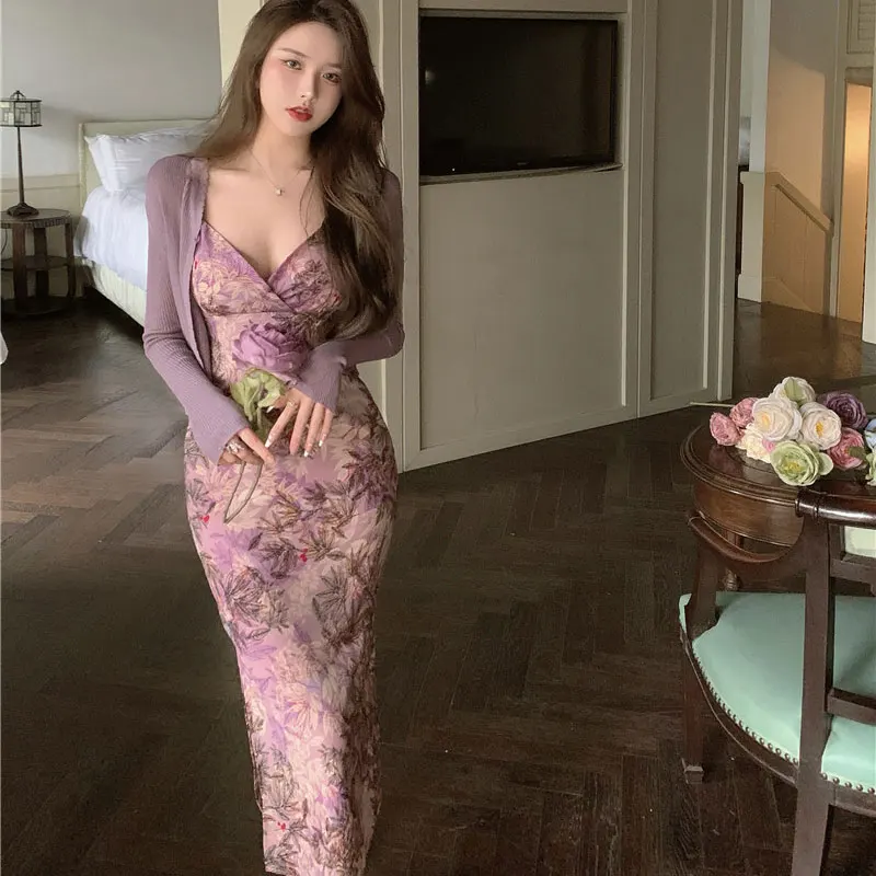 

New Women Camisole Dress Summer 2021 Fashion Sexy V-Neck Sleeveless Floral Print Slim Spaghetti Strap Dress