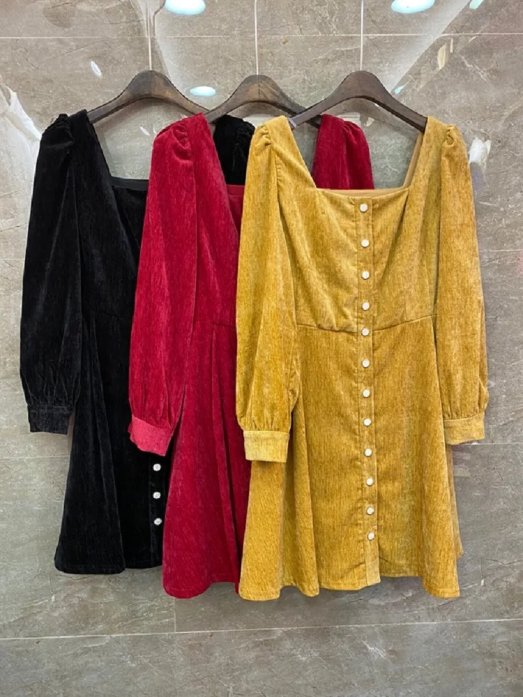 

Velvet High Quality Dress 2021 Autumn Winter Vintage Party Women Sexy Square Collar Button Front Long Sleeve Yellow Red Dress