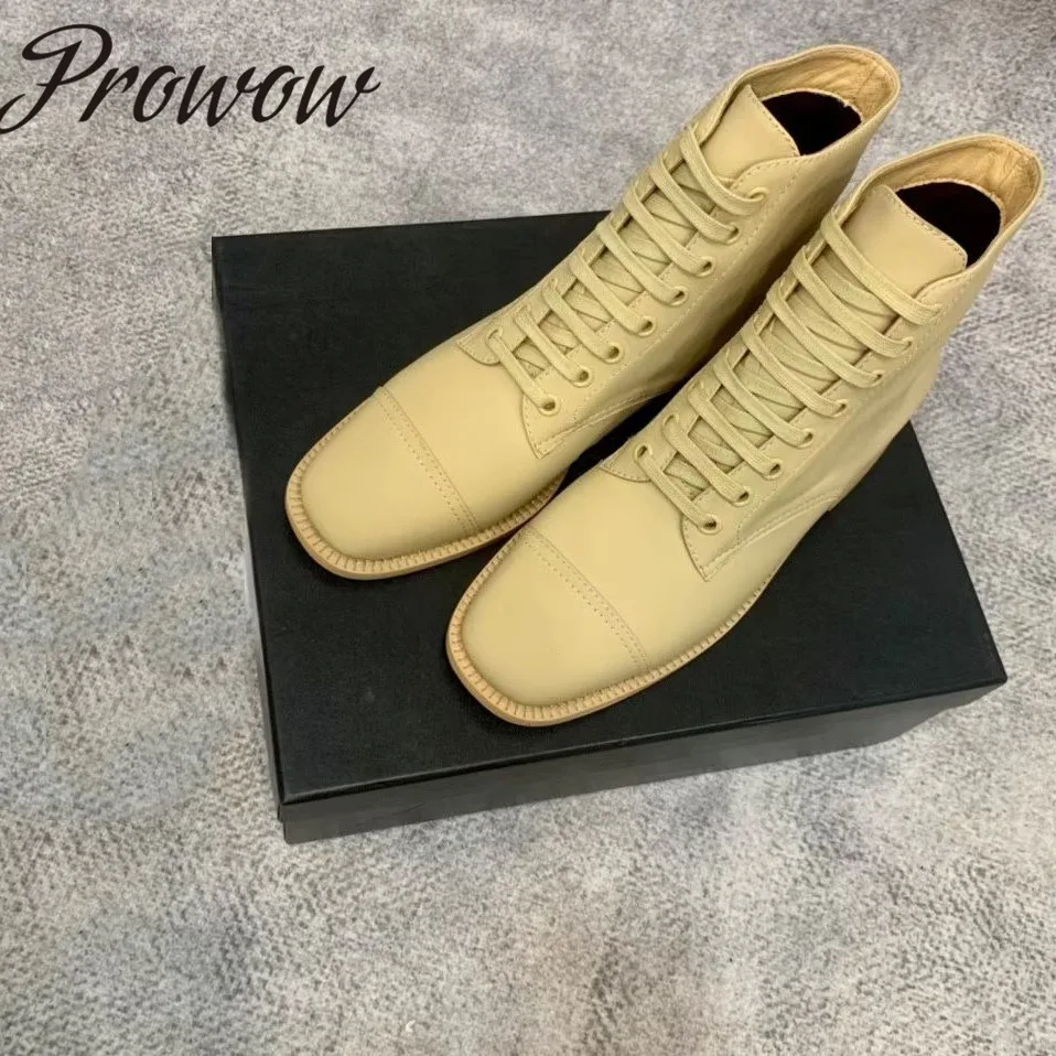 

Prowow New Genuine Leather Beige Black Lace Up Designer Ankle Boots Square Toe Low Heel Runway Fashion Boots