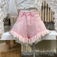 jeans shorts hot pants women 2022 summer new personality high waist thin ripped fringed denim shorts female pink blue shorts