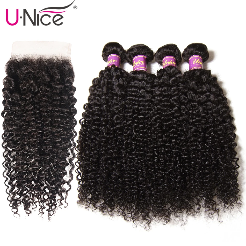 UNICE Hair Curly Bundles With 5X5 Closure Brazilian Weave 4pcs Remy Human 3 | Шиньоны и парики