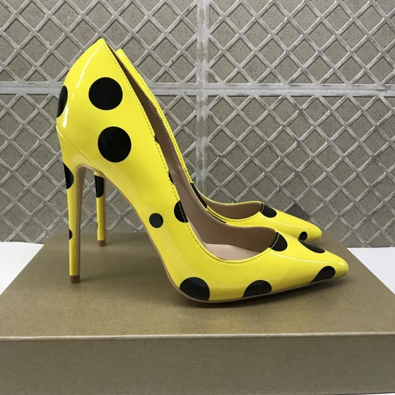 Yellow 12cm Heels Veowalk/черные женские туфли в горошек на высоком каблуке-шпильке; модные женские туфли-лодочки без застежки; Клубные модельные туфли; цвет на заказ - Цвет: Yellow 12cm Heels