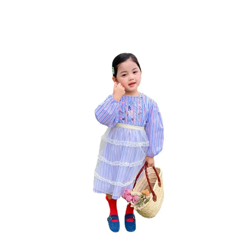 

Girls Princess Dress Spring Autumn Baby Girl Flower Embroidery Stripes Dresses With Sling Mesh vestidos Kids Casual Clothes 2-8Y