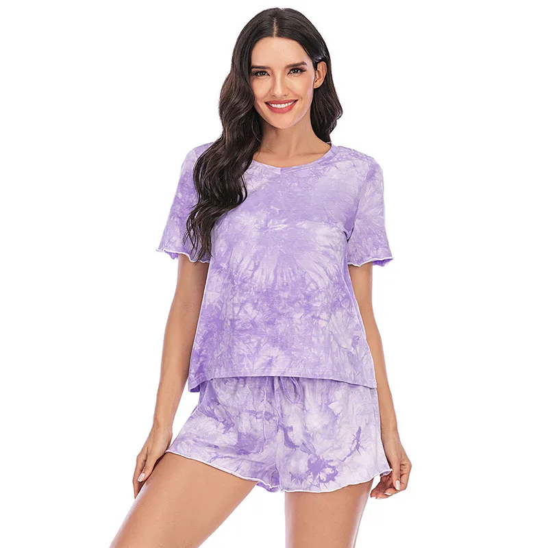 Spring and Summer Women's Pajamas Tie-dye Short-sleeved Shorts Comfortable Cool and Breathable Home Service Sleepwear Sleep Tops