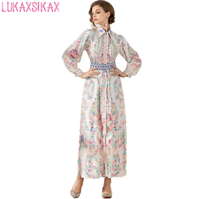 Женское платье с длинным рукавом LUKAXSIKAX модельное длинное в стиле ретро принтом