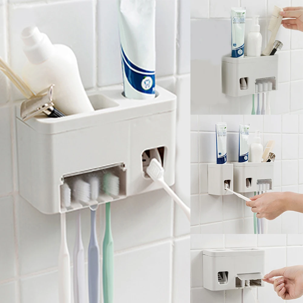 

Storage Rack Wall Mounted Multifunctional Toothbrush Holder Automatic Bathroom Accessories Sets Toothpaste Dispenser Squeezer