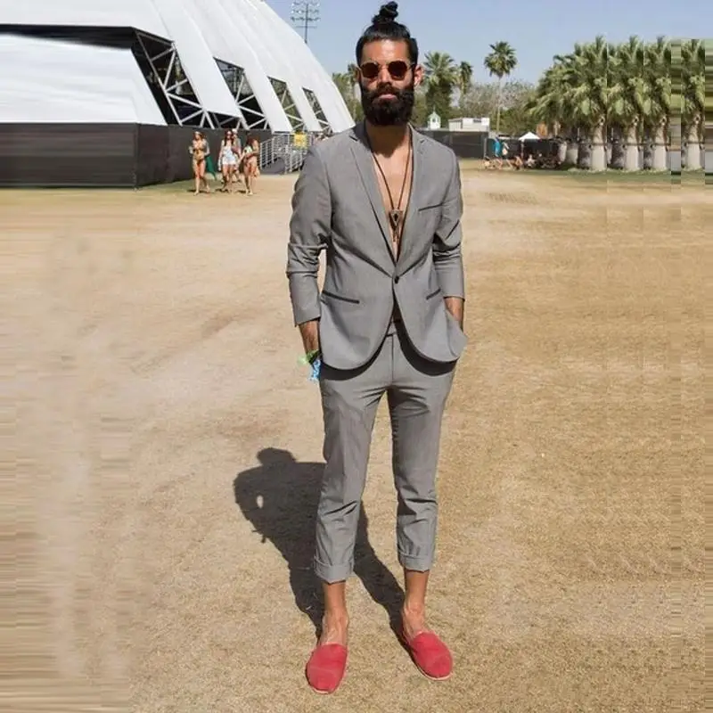 New Gray Men Suits 2021 Slim Fit Casual Summer Beach Wedding Groom Tuxedos 2 Pieces (Jacket+Pants)  Bridegroom Best Man Blazer