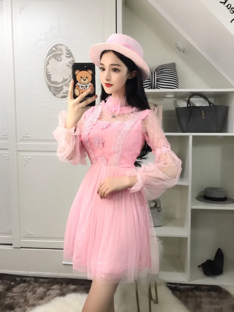 Women Elegant White Black Lace Mesh Party Dress Sweet Puff Sleeve Ball Gown Mini Turtleneck Cute Fairy Vestidos | Женская одежда