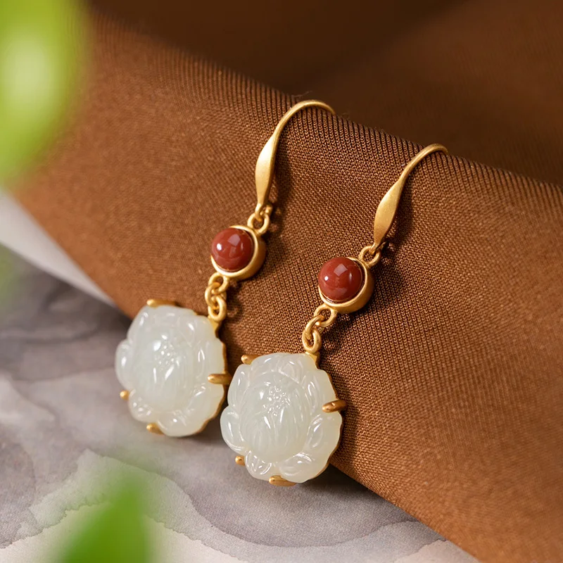 

Natural 925 sterling silver gilded inlaid hetian white jade lotus earrings jewelry simple individuality for women earings