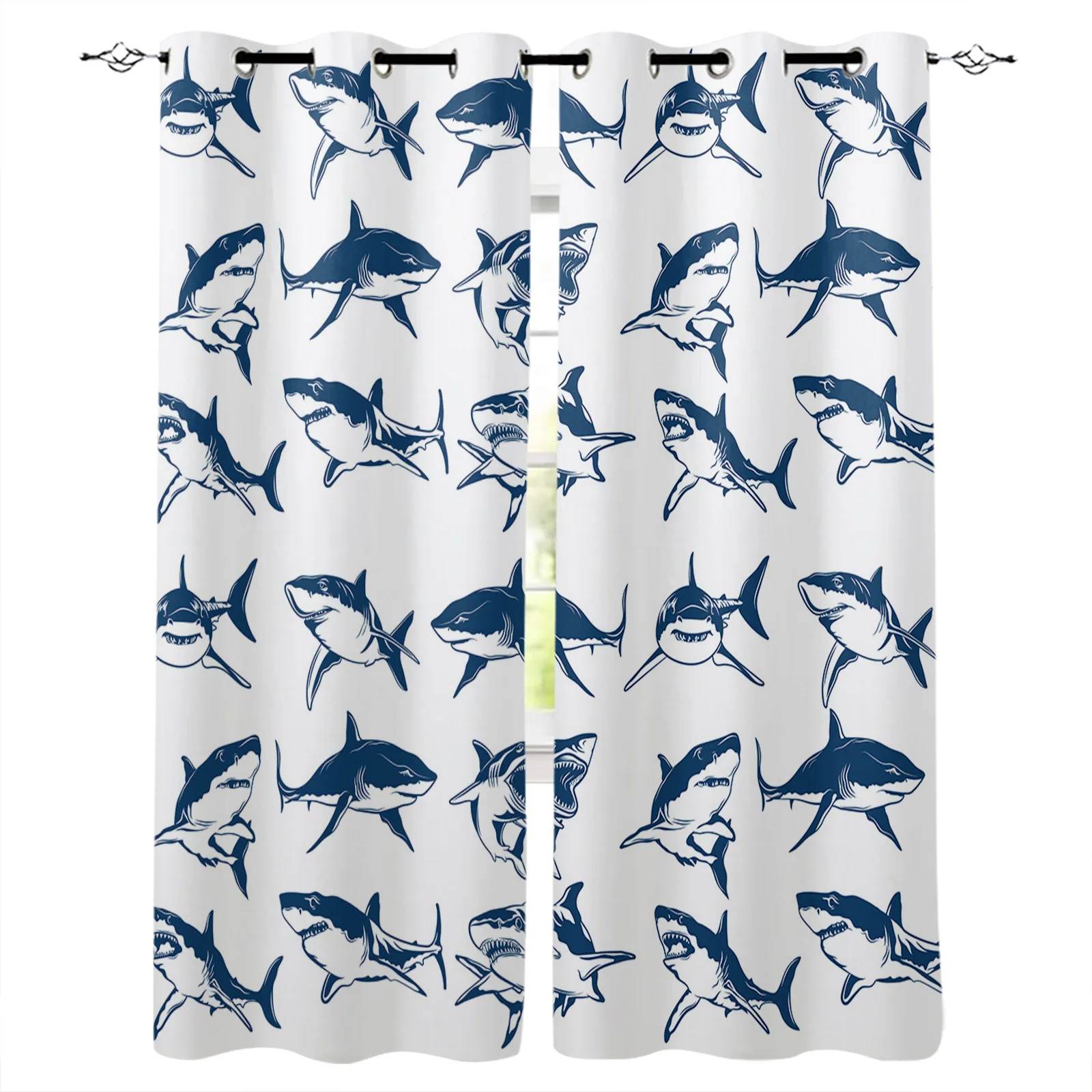 

Shark Simple Marine Animal Grommet Top Curtains for Living Room Bedroom Kitchen Window Treatments Home Decoration Drapre