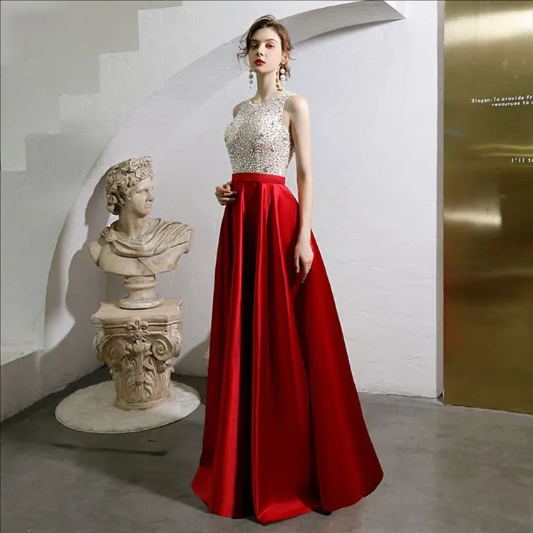 

Women's long formal prom evening party dress Plus size beading satin red wedding party dress sexy cocktail party dress