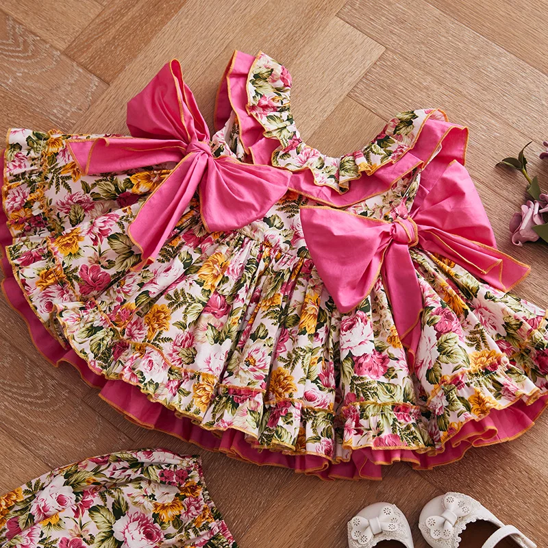 Испанские платья с цветочным принтом для девочек Летнее Детское винтажное