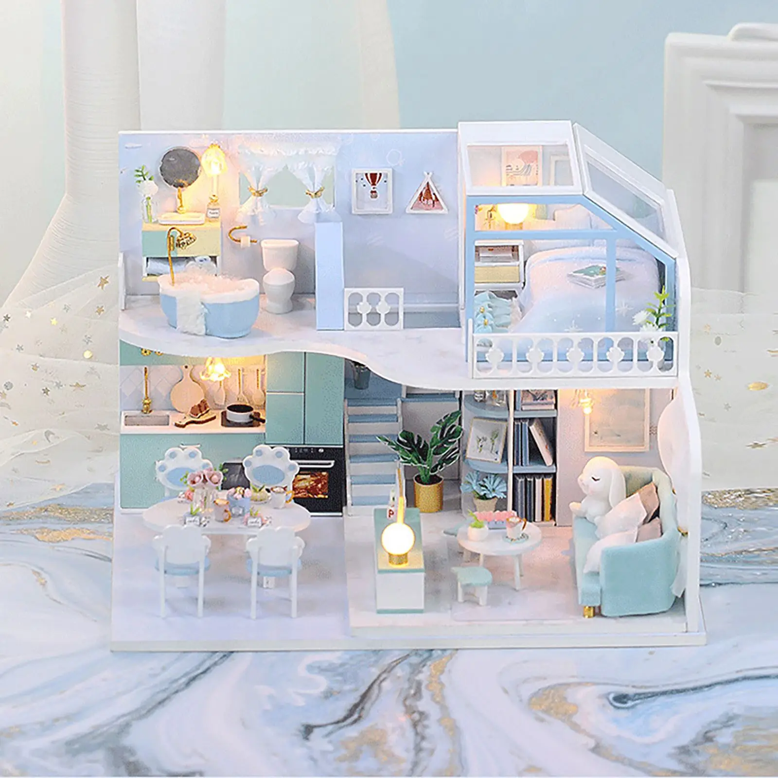 

Цветная Мебель для кукольного домика «сделай сам», деревянный кукольный домик, миниатюрный кукольный домик в комплекте с музыкой для гости...