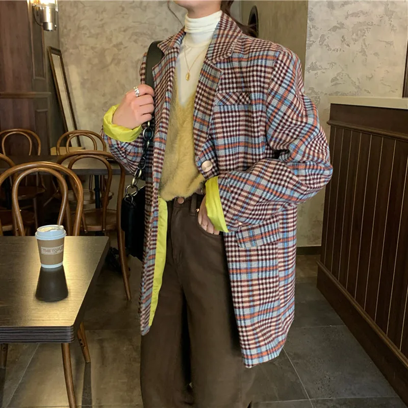 HziriP винтажный однобортный клетчатый блейзер для женщин OL Рабочая одежда с
