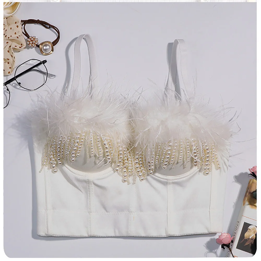 

Fashion Feather Pearl Tassel Mini Camis Summer Cropped Tops Women Casual Sleeveless Sexy Slim Off Shoulder Short Tank Top