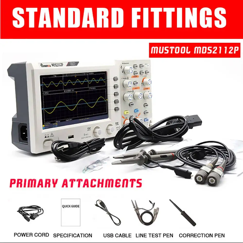 

MUSTOOL MDS2112P Dual Channel Digital Storage Oscilloscope 100MHz Bandwidth 1GS/s Sampling Rate Automatic Waveform Measurement
