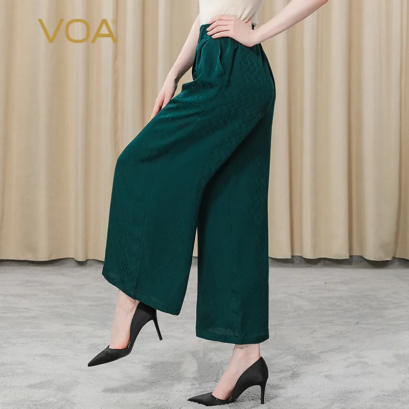 

VOA Silk Peacock Green Jacquard Women Bottoms Pants KE156 Elastic Waist Wood Ear Casual Office Lady Ankle-Length Pants Spring